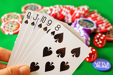 Image showing Card for poker in the hand, chips and card for poker