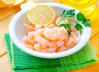 Image showing boiled shrimps in the white bowl on the table