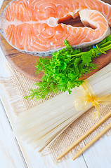 Image showing raw rice noodles and raw salmon