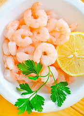 Image showing boiled shrimps in the white bowl on the table