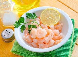 Image showing boiled shrimps in the white bowl on the table