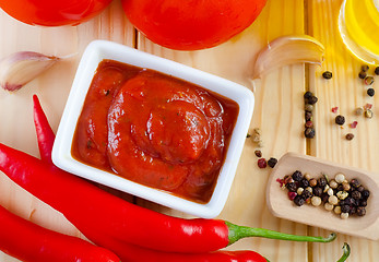 Image showing tomato and chilli  sauce in the white bowl