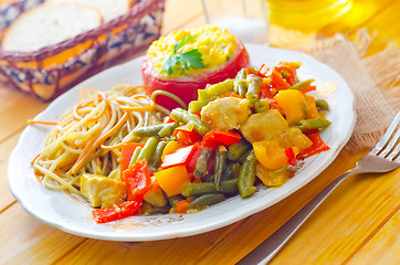 Image showing Fresh dinner in the plate, pasta and vegetable stew