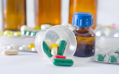 Image showing color pills and medical bottle