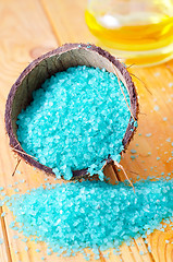 Image showing Blue sea salt on the wooden table