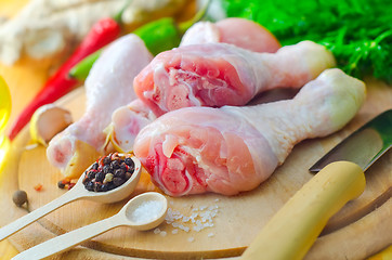 Image showing Raw chicken on wooden board, Chicken with spice