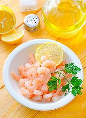 Image showing boiled shrimps in the white bowl on the table