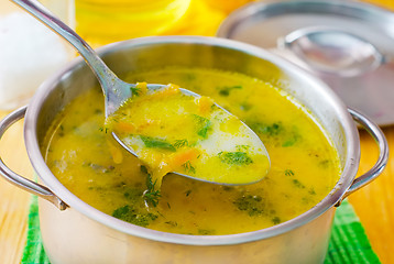 Image showing Soup with shrimps and cheese in metal bowl