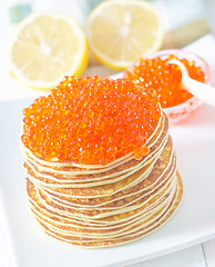 Image showing pancakes with caviar