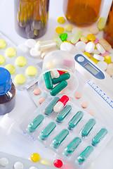 Image showing color pills and medical bottle