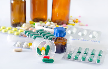 Image showing color pills and medical bottle