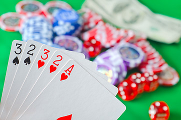 Image showing Card for poker in the hand, chips and card for poker