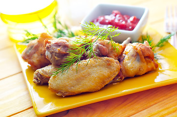 Image showing Hot Meat Dishes - Grilled Chicken Wings with Red Spicy Sauce