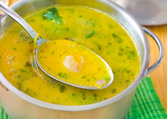 Image showing Soup with shrimps and cheese in metal bowl