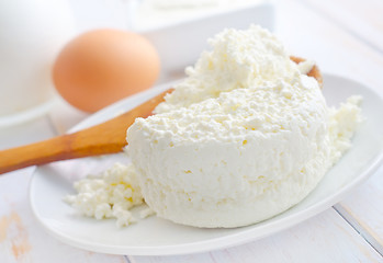 Image showing Milk products, fresh cottage in the white plate