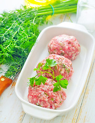 Image showing Raw meat balls in the white bowl