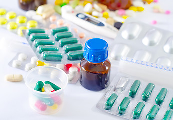 Image showing color pills and medical bottle