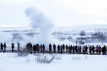 Image showing Visitors at the geyser erruption of Strokkur, Iceland