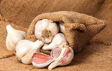 Image showing Whole garlic and cloves of garlic in a bag