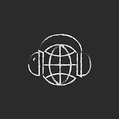 Image showing Globe in a headphones icon drawn chalk.