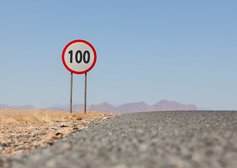 Image showing Speed limit sign at a desert road in Namibia