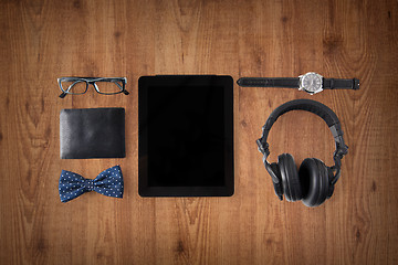 Image showing tablet pc, headphones with hipster personal stuff