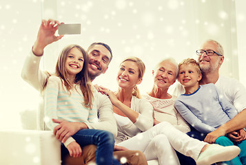 Image showing happy family taking selfie with smartphone at home