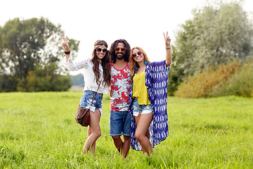 Image showing happy young hippie friends showing peace outdoors