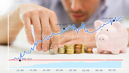 Image showing close up of businessman with piggy bank and coins