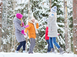 Image showing group of happy friends playing snowballs in forest