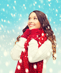 Image showing woman in sweater, scarf and mittens