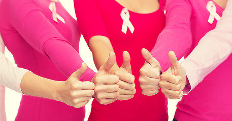 Image showing close up of women with cancer awareness ribbons