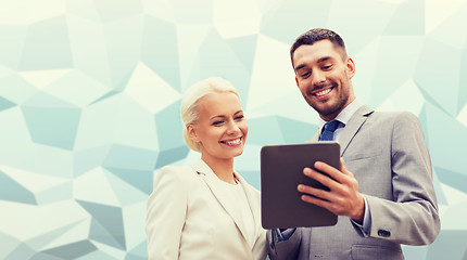 Image showing smiling businessmen with tablet pc outdoors