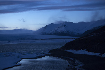 Image showing Snowy volcano landscape at glacier lagoon Jokulsarlon in Iceland