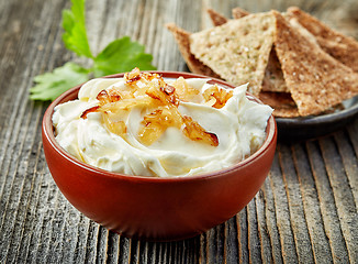 Image showing bowl of cream cheese with caramelized onions