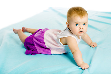 Image showing baby girl in a dress creeps on the blue coverlet