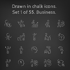 Image showing Business icon set drawn in chalk.