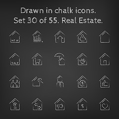Image showing Real estate icon set drawn in chalk.