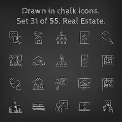 Image showing Real estate icon set drawn in chalk.