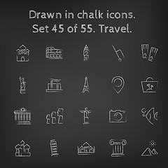 Image showing Travel icon set drawn in chalk.