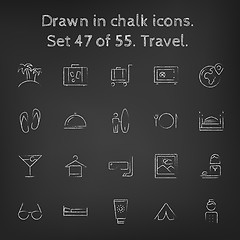 Image showing Travel icon set drawn in chalk.