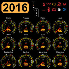 Image showing 2016 year calendar speedometer car in Spanish. 