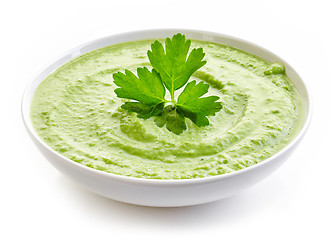 Image showing bowl of broccoli and green peas cream soup