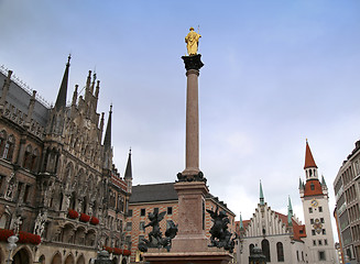 Image showing The Mariensaule, a Marian column and Munich city hall on the Mar