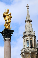 Image showing The Mariensaule, a Marian column and Munich city hall on the Mar