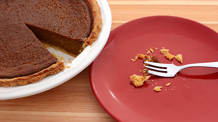 Image showing Plate with crumbs next to a sliced pumpkin pie