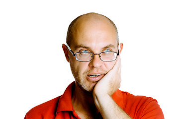 Image showing Unshaven man with glasses holds on his cheek. Toothache. Studio.