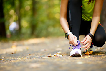 Image showing woman runner tying shoelaces