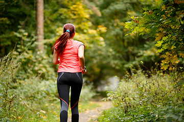 Image showing sporty  woman running in forest 