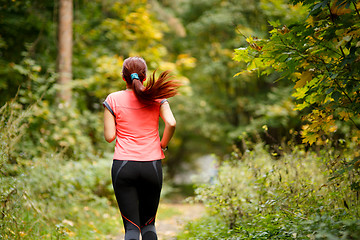 Image showing sporty  woman running in forest 